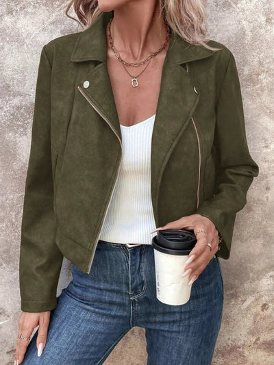 Trendsi women's suede moto jacket olive green cropped suede biker jacket with asymmetrical zip over white tank and jeans