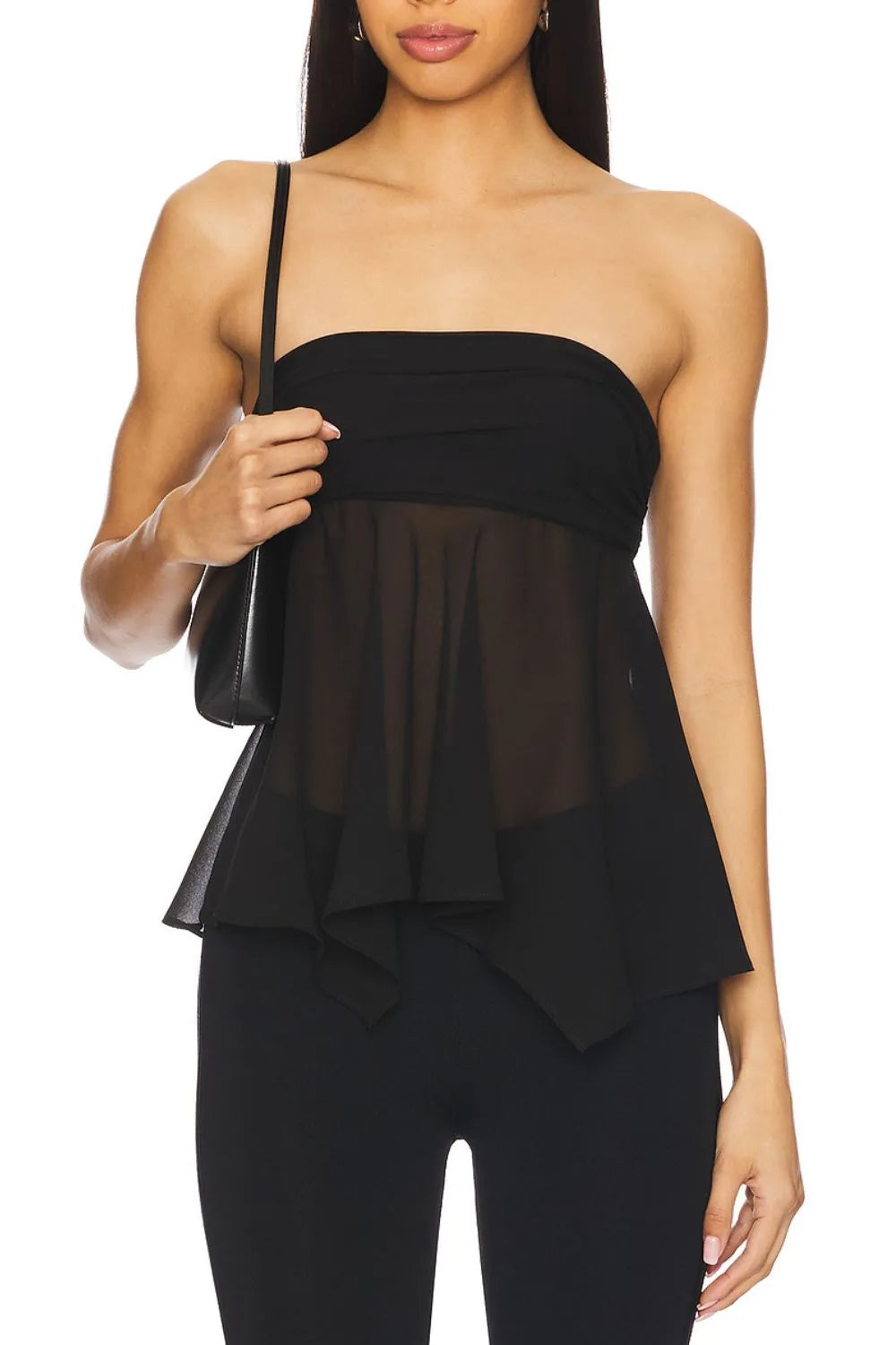 Trendsi Strapless Mesh Top Set black sheer layered peplum bandeau top styled on model with leggings