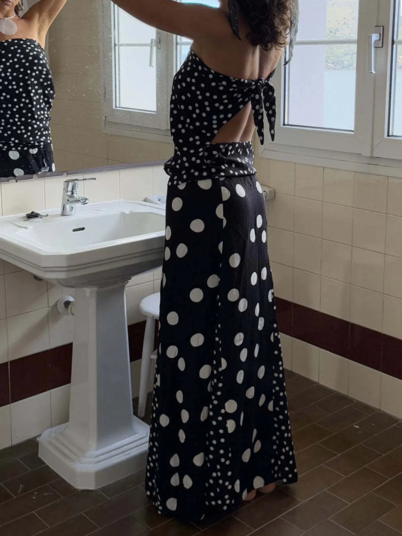 Trendsi black and white polka dot Top and Maxi Skirt Set with tie back crop top and high waisted flowy maxi skirt