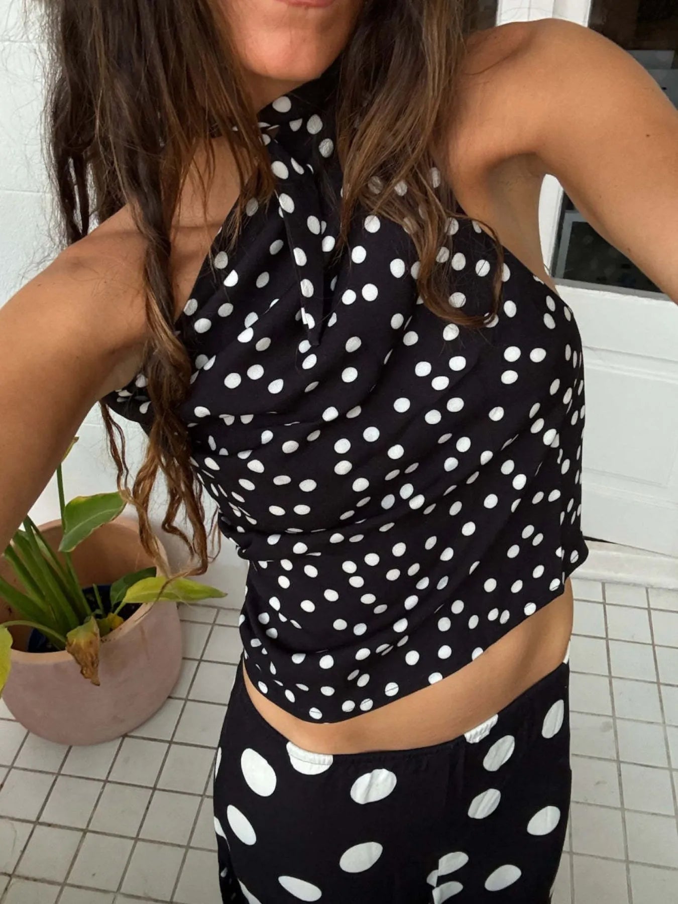 Trendsi black and white polka dot halter top with matching maxi skirt Top and Maxi Skirt Set casual summer outfit