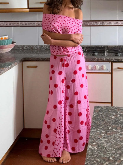 Trendsi pink polka dot Top and Maxi Skirt Set off shoulder crop top with flowy high waist maxi skirt