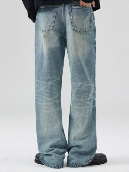 Trendsi light wash relaxed fit men's bootcut jeans plus size back view with faded whiskering
