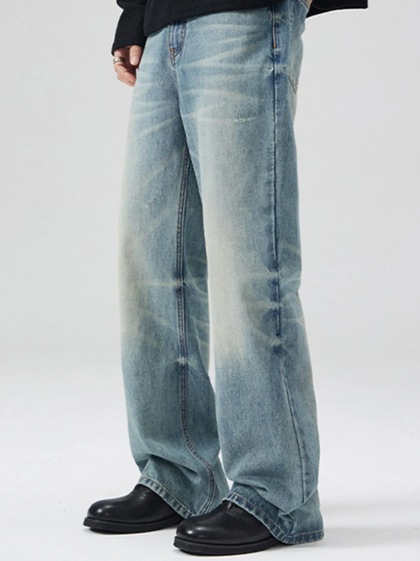 Trendsi light wash men's bootcut jeans plus size with relaxed fit and casual flare over black shoes