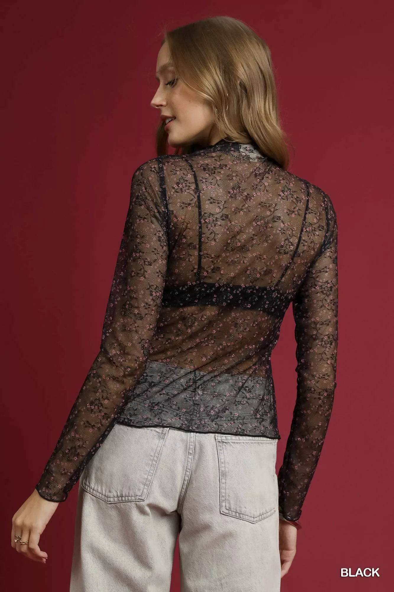 Umgee Nylon Lace Mesh Long Sleeve Top - Sheer Feminine Blouse - Fashions Envy