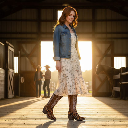 Brown embroidered cowgirl boots at ranch - redhead woman