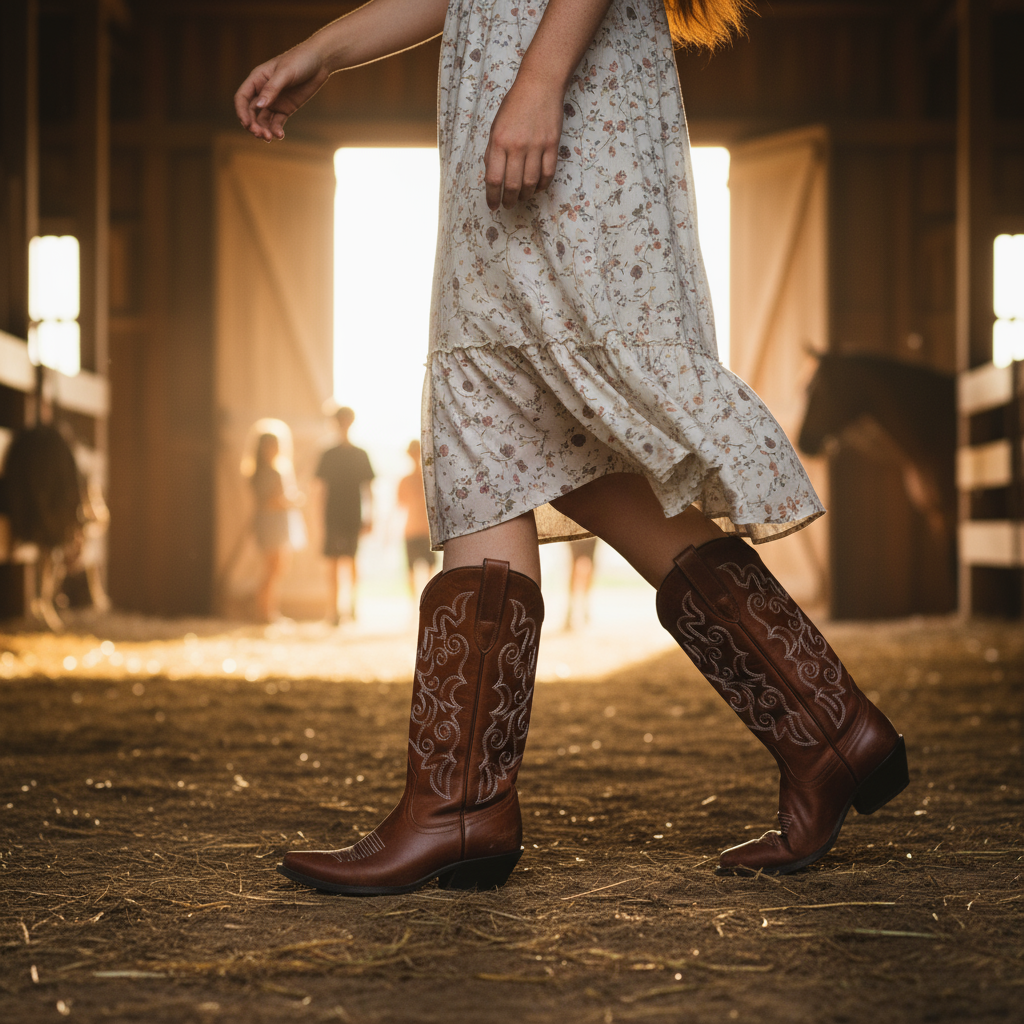 Brown embroidered cowgirl boots close-up at ranch - redhead woman