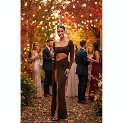 Brown side cutout maxi dress at fall wedding