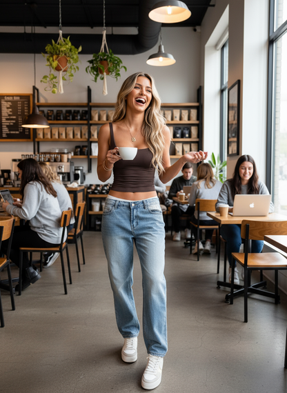 Brown square neck tank blonde coffee shop lifestyle