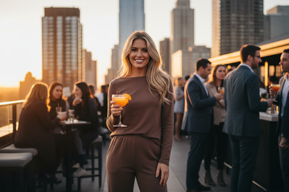 Brown two-piece set at rooftop bar - no reference