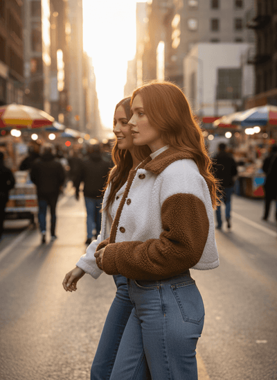 Two-Tone Plush Cropped Jacket - Cozy Button-Up Style - Fashions Envy