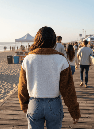 Two-Tone Plush Cropped Jacket - Cozy Button-Up Style - Fashions Envy