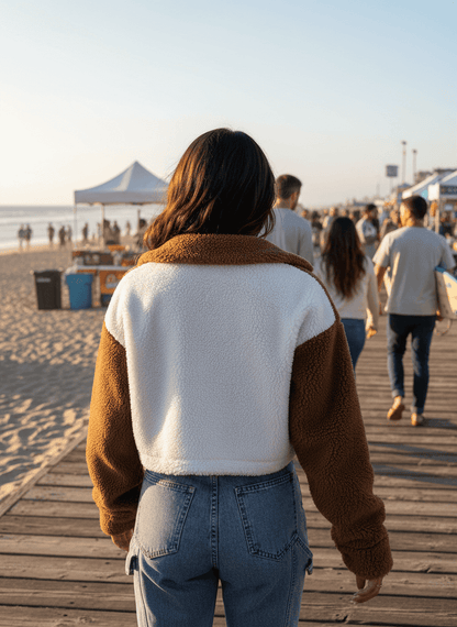Two-Tone Plush Cropped Jacket - Cozy Button-Up Style - Fashions Envy