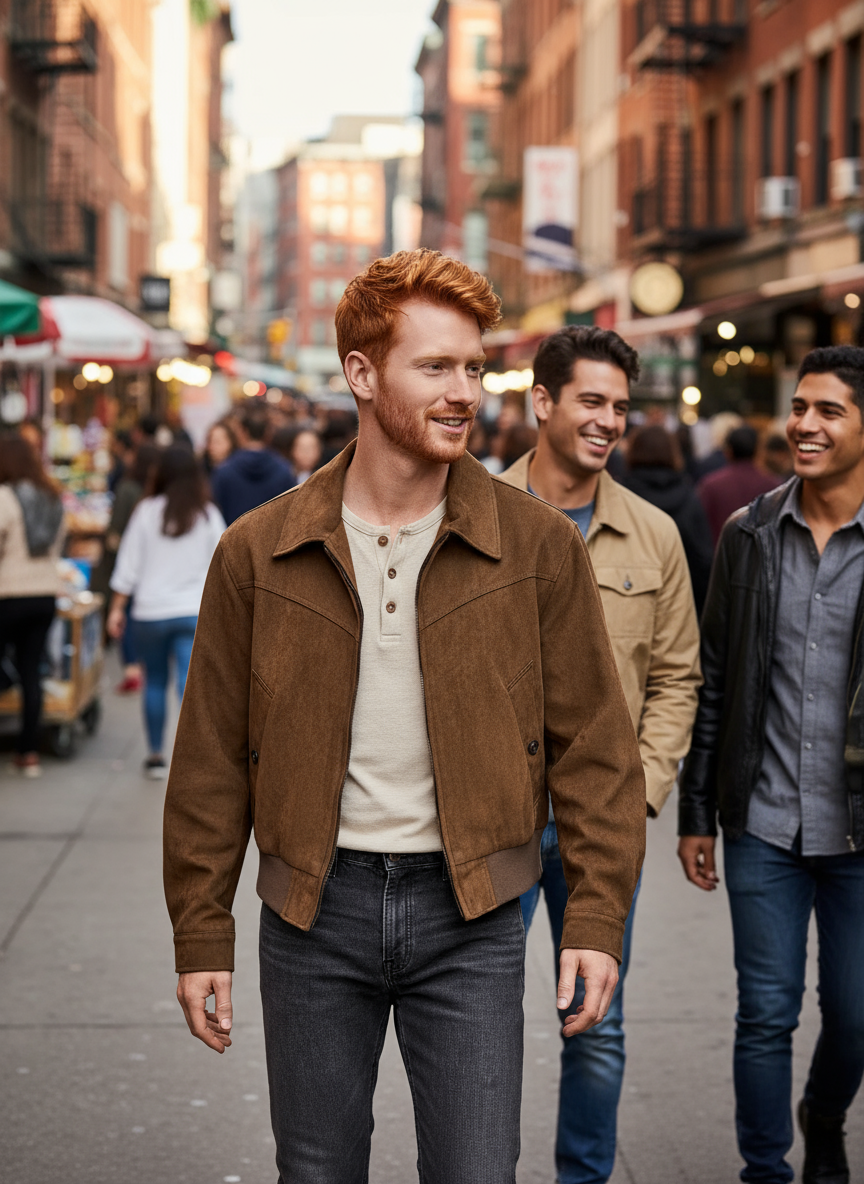 Brown zip-up casual jacket - urban street lifestyle scene with redhead