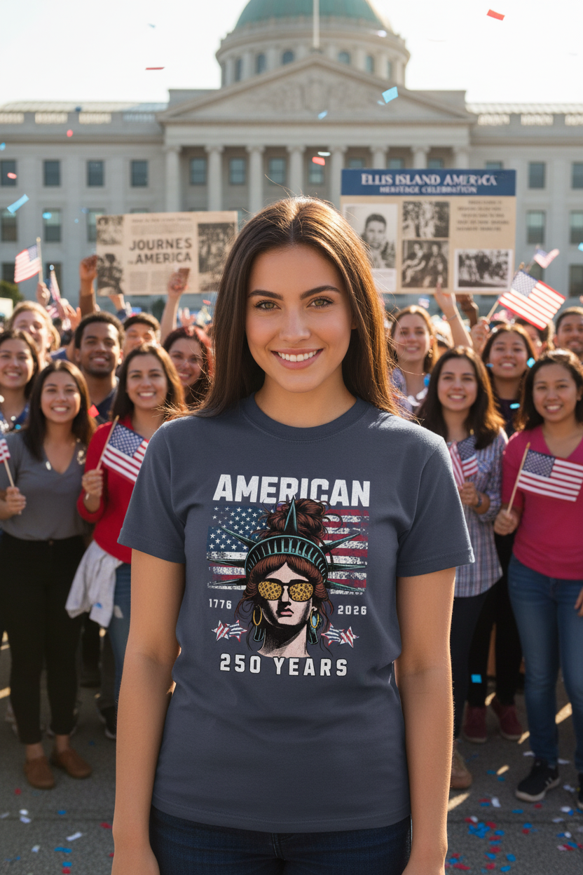 Brunette model in Cool Statue of Liberty 250 Years t-shirt at Ellis Island