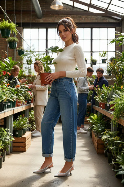 RISEN Barrel Jeans - Slouchy Cropped Cuffed Hem - Fashions Envy