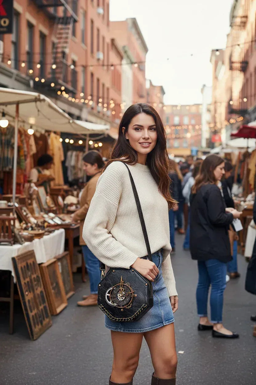 Brunette model with steampunk clockwork crossbody bag - mid-shot focus