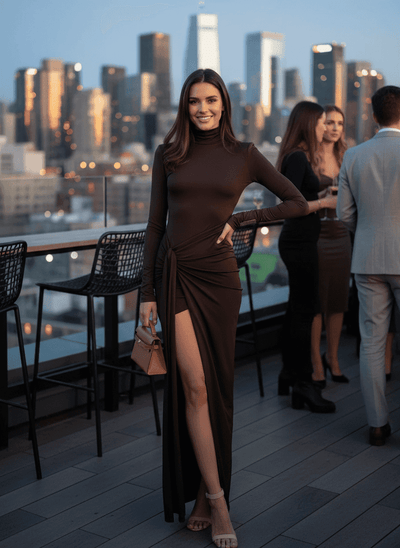 Turtleneck Maxi Dress - Long Sleeve Slit Tie Waist Style - Fashions Envy