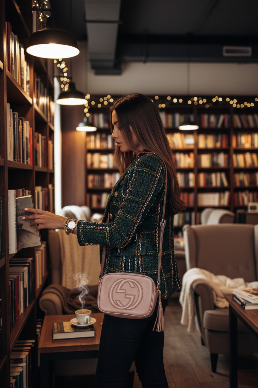 Brunette woman in bookstore cafe wearing plaid tweed blazer