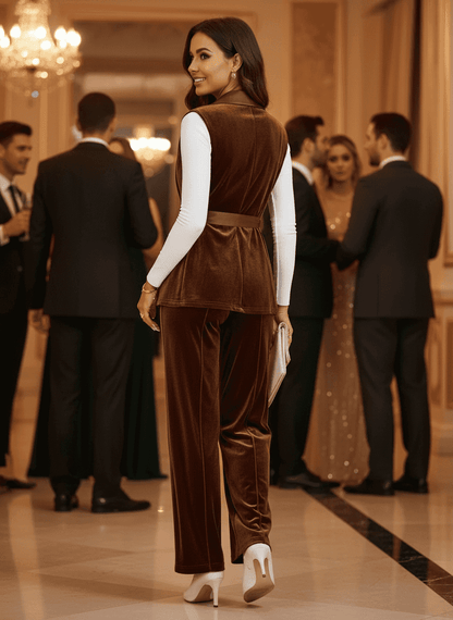 Velvet Two-Piece Set - Tie Waist Vest & Wide Leg Pants - Fashions Envy