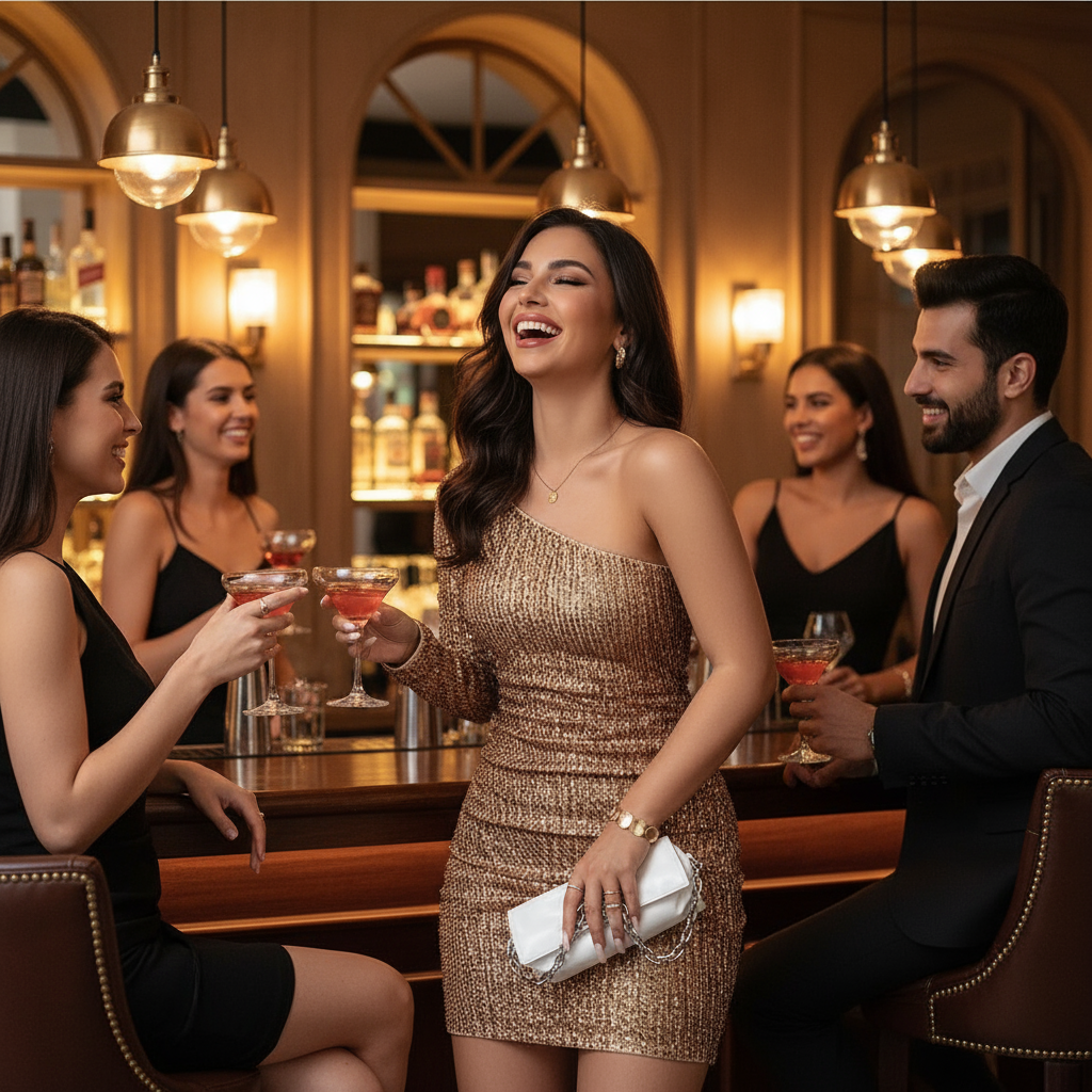 Brunette woman in gold sequin dress at cocktail lounge