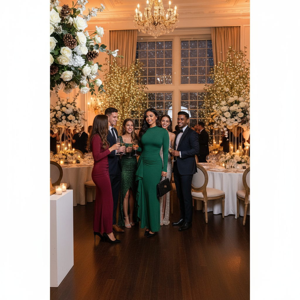 Brunette woman in green ruched maxi dress at winter wedding - full body