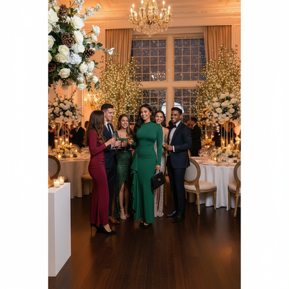 Brunette woman in green ruched maxi dress at winter wedding - full body