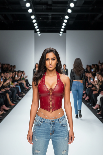 Brunette woman in halter lace-up corset top at fashion show venue