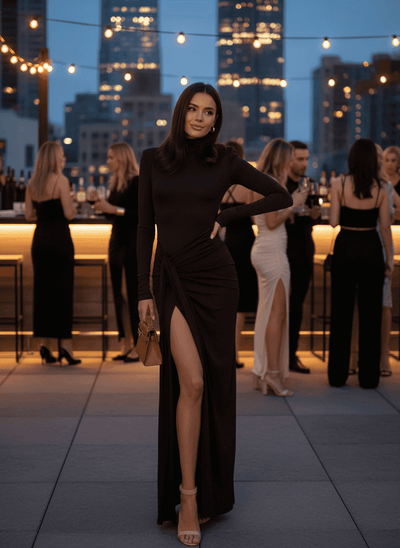Turtleneck Maxi Dress - Long Sleeve Slit Tie Waist Style - Fashions Envy