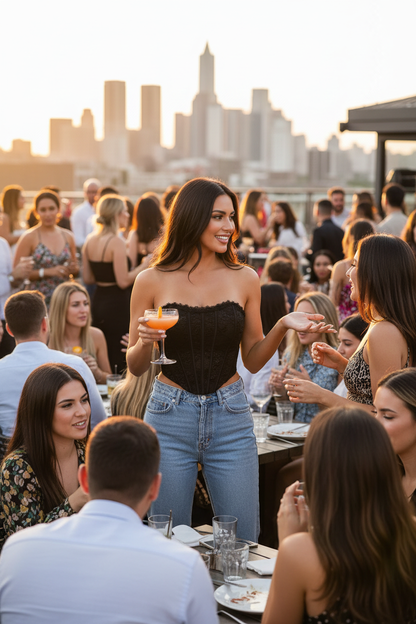 Brunette Woman Rooftop Restaurant - Black Lace Corset