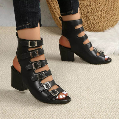 Buckle Block Heel Sandals - Mid Heel PU Leather Sandals - Fashions Envy