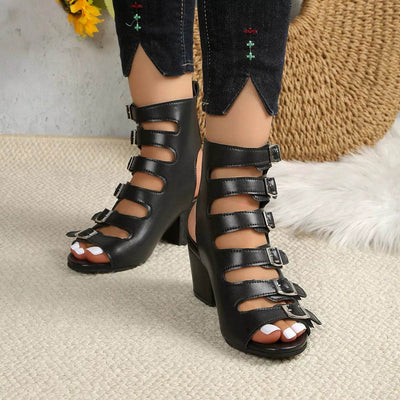 Buckle Block Heel Sandals - Mid Heel PU Leather Sandals - Fashions Envy