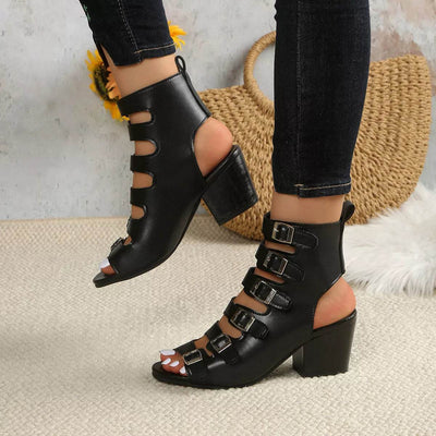 Buckle Block Heel Sandals - Mid Heel PU Leather Sandals - Fashions Envy