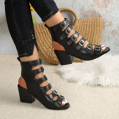 Buckle Block Heel Sandals - Mid Heel PU Leather Sandals - Fashions Envy