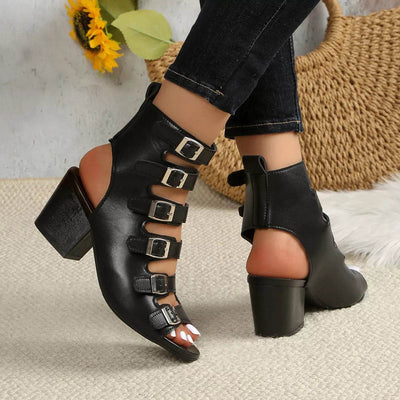 Buckle Block Heel Sandals - Mid Heel PU Leather Sandals - Fashions Envy