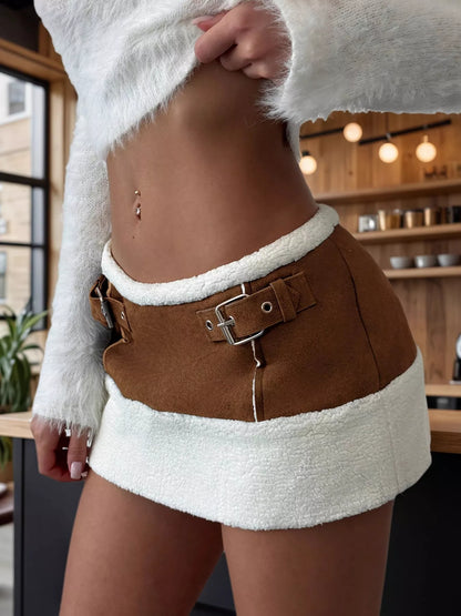 Trendsi Buckle Mini Skirt in Brown and White with Stylish Buckle Details and Soft Fabric