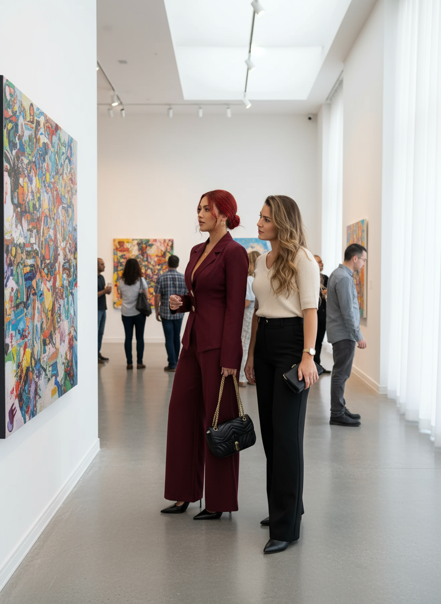 Burgundy blazer and wide-leg pants set art gallery lifestyle