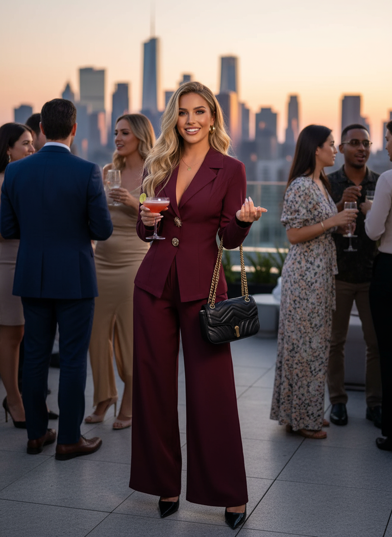 Burgundy blazer and wide-leg pants set lifestyle image