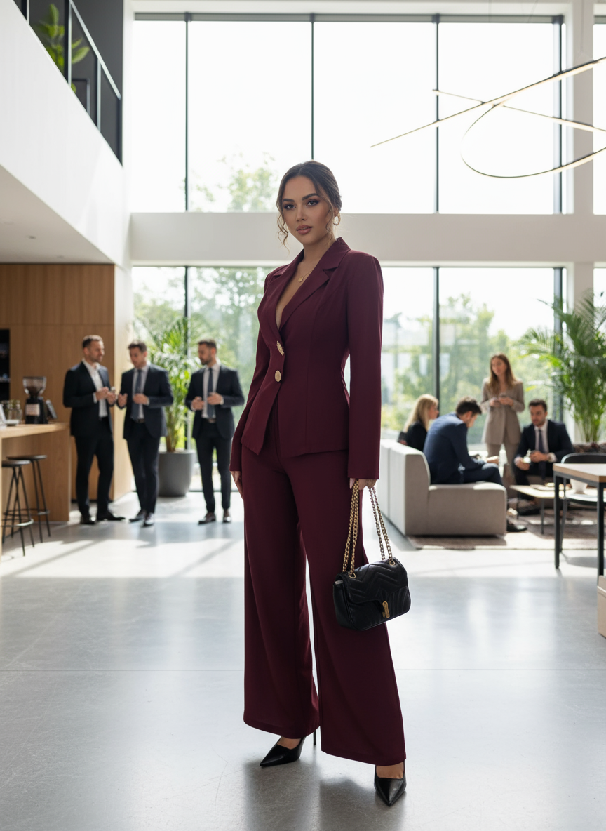 Burgundy blazer and wide-leg pants set office professional lifestyle