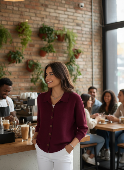 Burgundy button-down cardigan - brunette at cafe