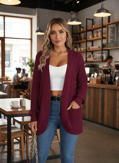 Burgundy chunky knit cardigan - front view