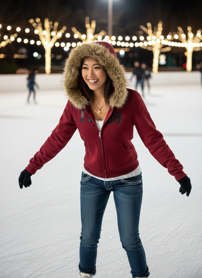 Burgundy fur-trimmed hoodie ice skating
