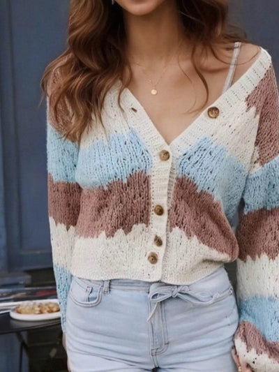 Trendsi Button Up Cardigan in multi-color knit design with a relaxed fit and vintage style