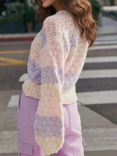 Pastel Striped Button Up Cardigan with Chunky Knit and Bell Sleeves for a Trendy Look