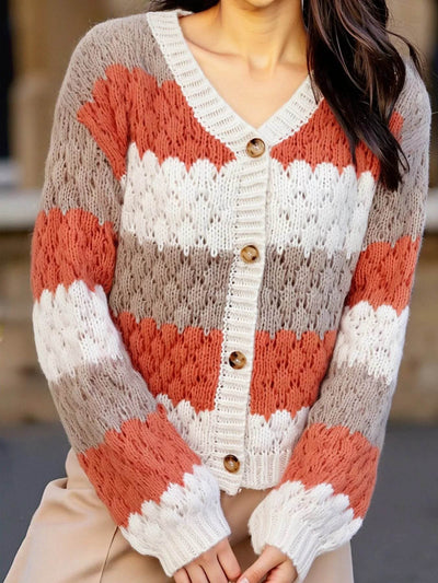 Trendsi Button Up Cardigan in striped coral, beige, and white knit with large buttons