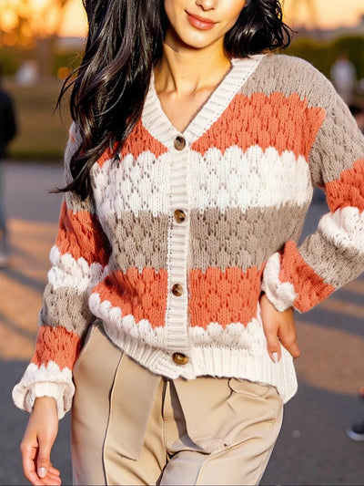 Trendsi Button Up Cardigan with Colorful Striped Knit Design and Button Closure