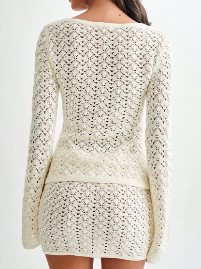 Trendsi cream Button Up Crochet Cardigan with long sleeves and intricate lace pattern shown from the back