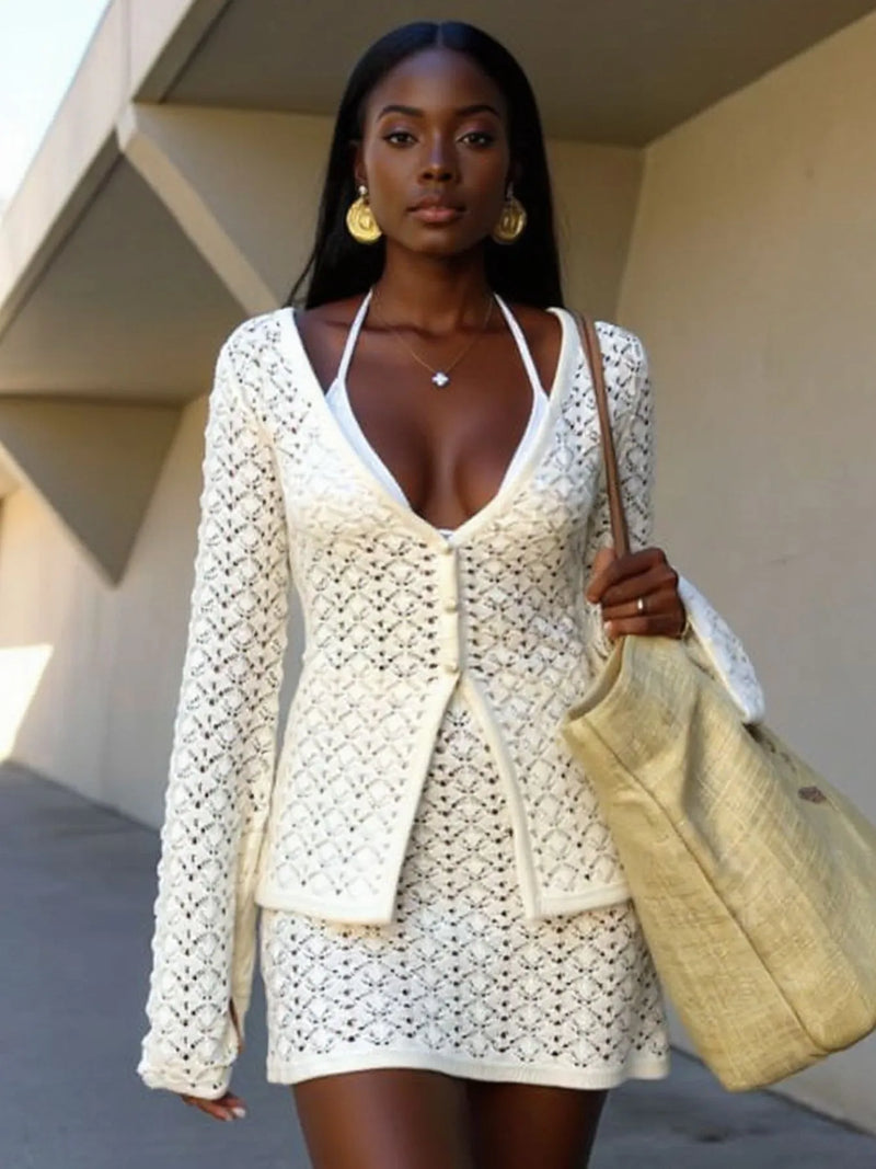 Trendsi Button Up Crochet Cardigan in white worn with matching skirt and large beige tote bag