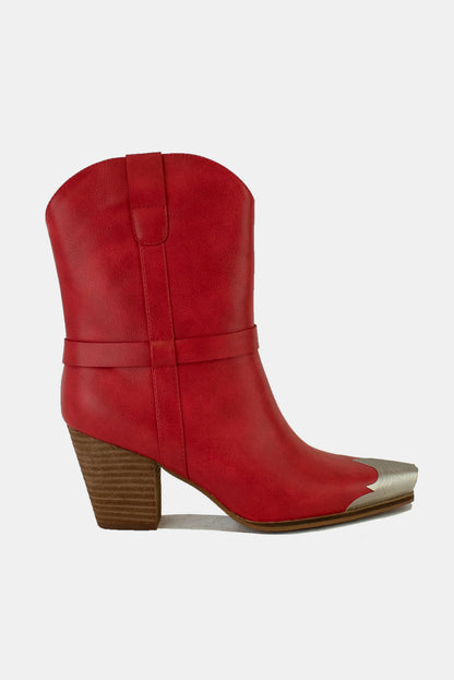 Red Faux Leather Metal Toe Ankle Boots