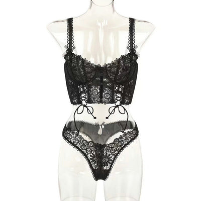 Women's Lace Lingerie Set - Three-Piece Mesh Intimate Wear - Fashions Envy