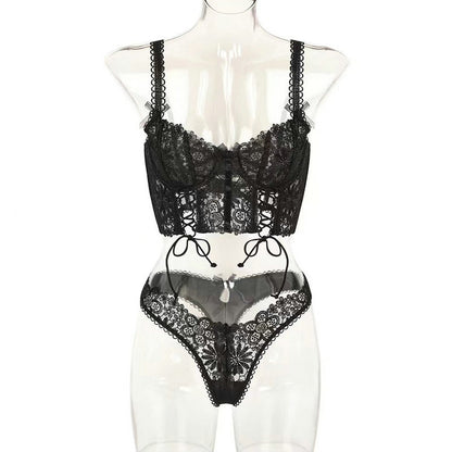 Women's Lace Lingerie Set - Three-Piece Mesh Intimate Wear - Fashions Envy